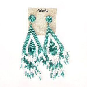 Natasha Long White and Teal Statement Beaded Earrings